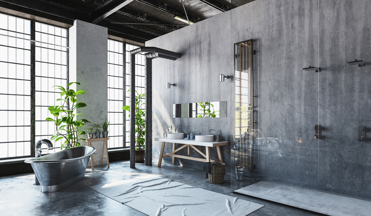 Industrial Style Bath with Metal and Concrete