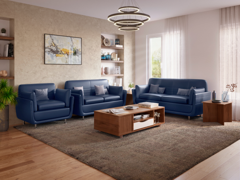 Living Room with Blue Couch on Tall Wall