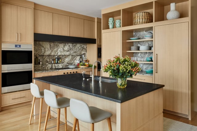 Wood Shelves Joined to Kitchen Cabinets