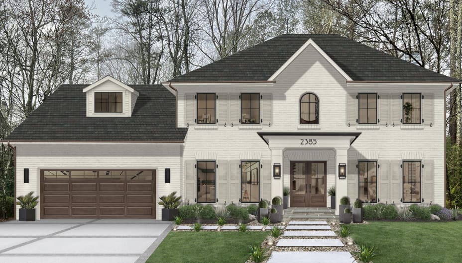 Oyster White Exterior with Warm Light Brick and Gray Shutters