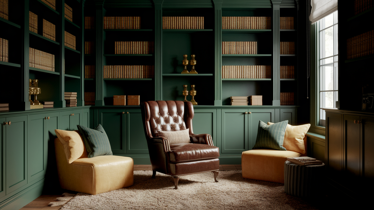 Built-in_Green_Bookshelves_with_Leather_Chair
