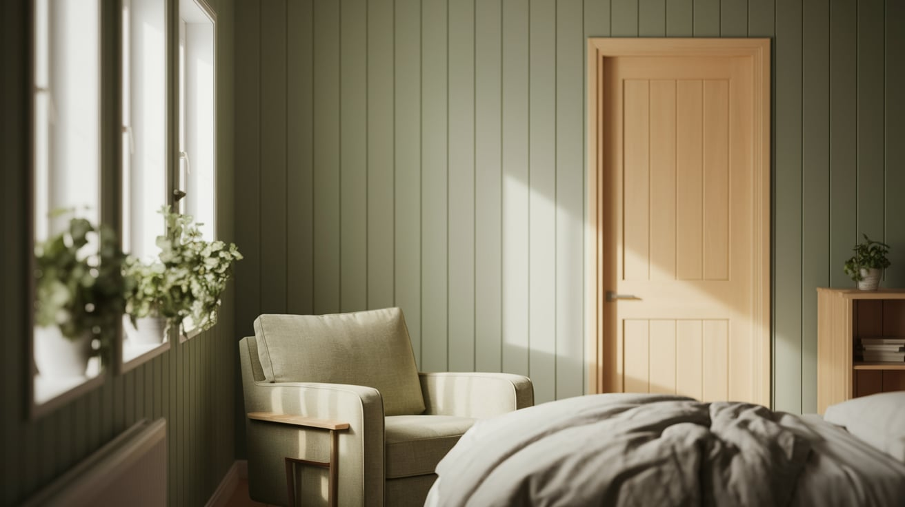Soft Green-Painted Pine Wall
