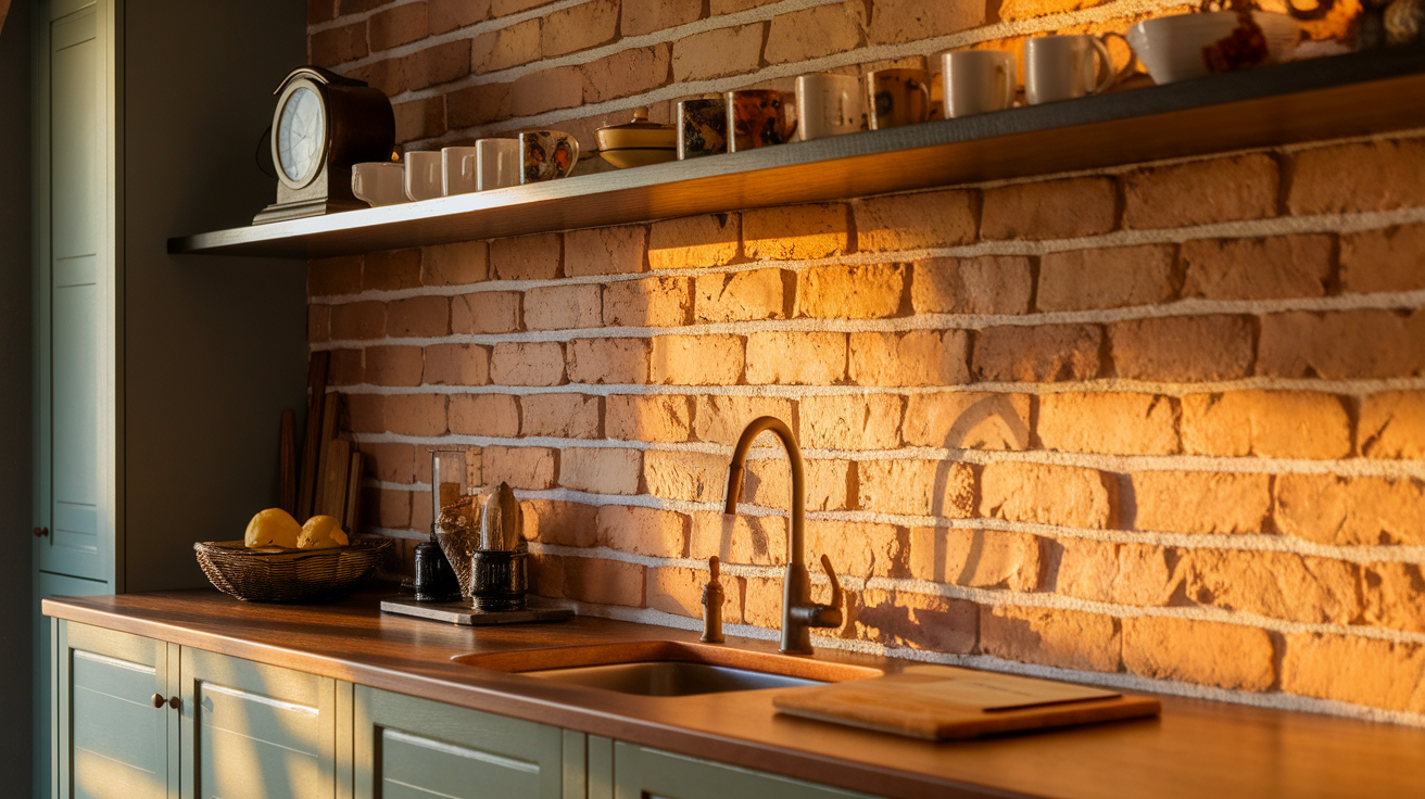 11. Farmhouse Rustic Brick Backsplash
