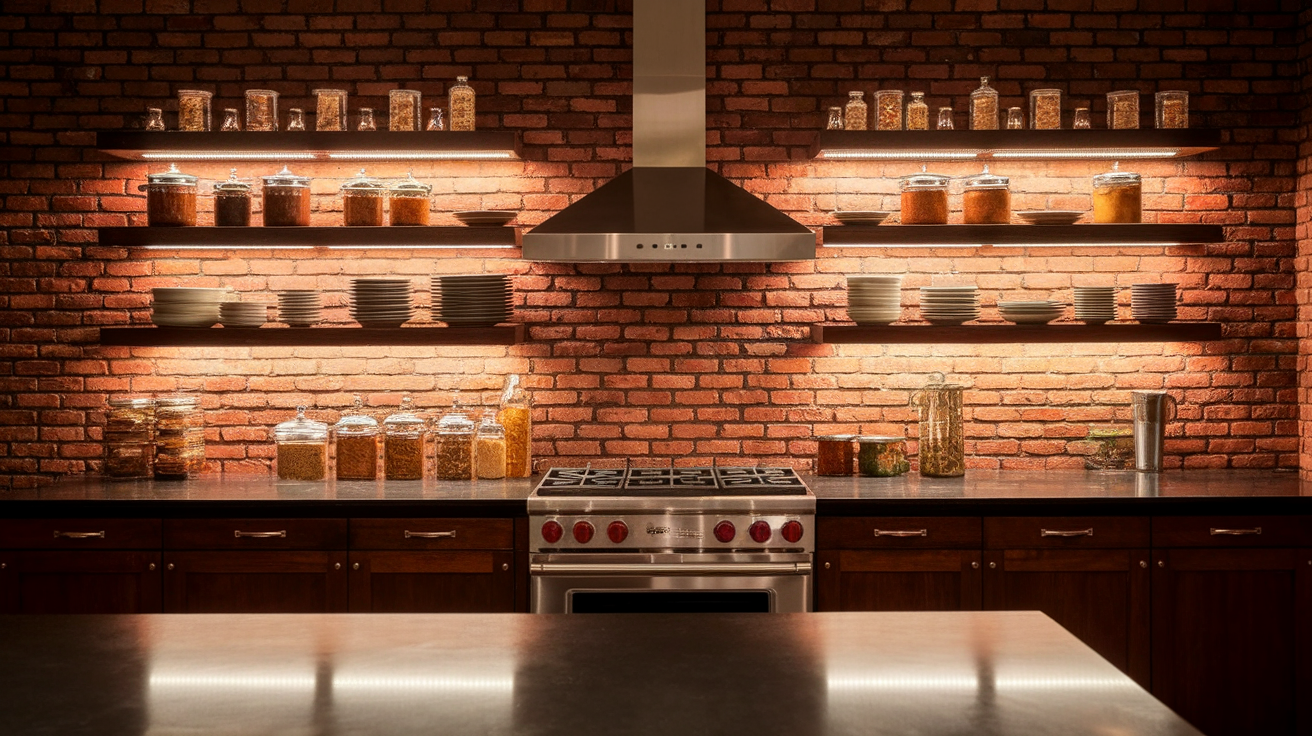 2. Exposed Red Brick Backsplash
