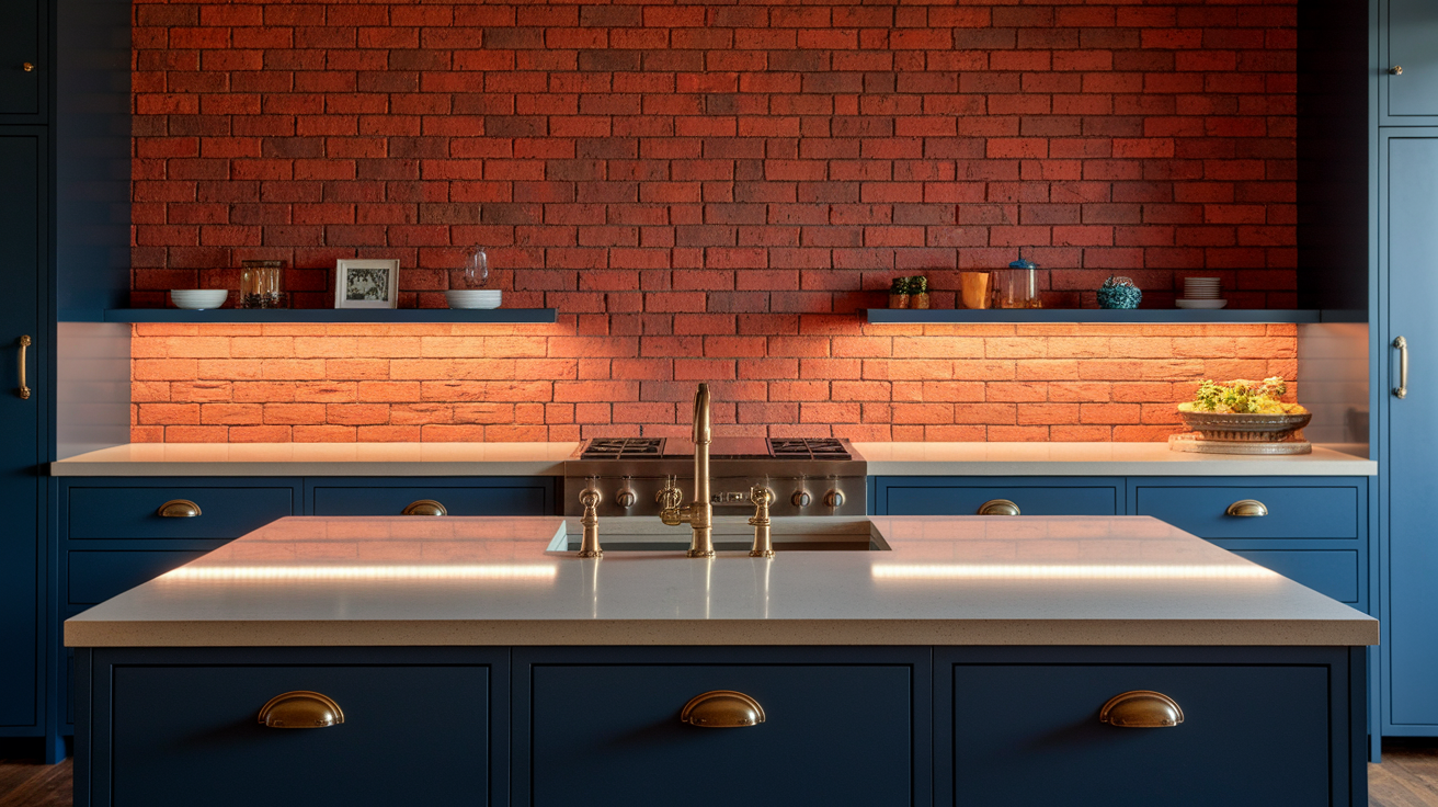 28. Brick with Contrasting Cabinet Colors
