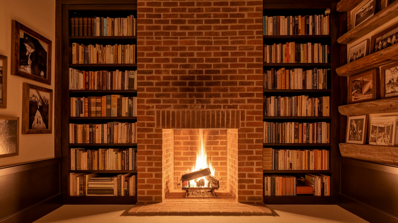 Brick_Fireplace_With_Bookshelves_on_Each_Side