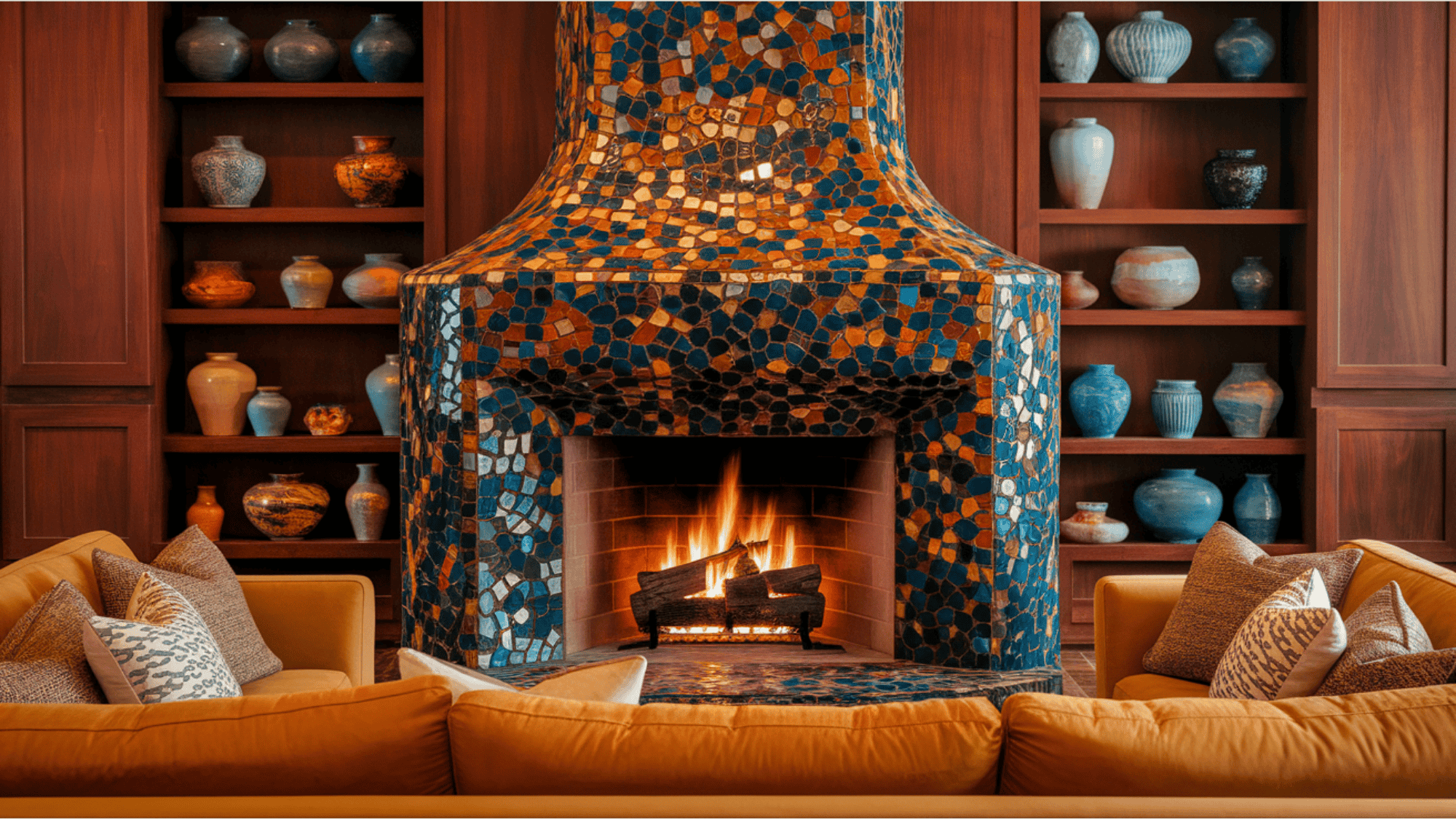 Artistic Mosaic Stone Fireplace