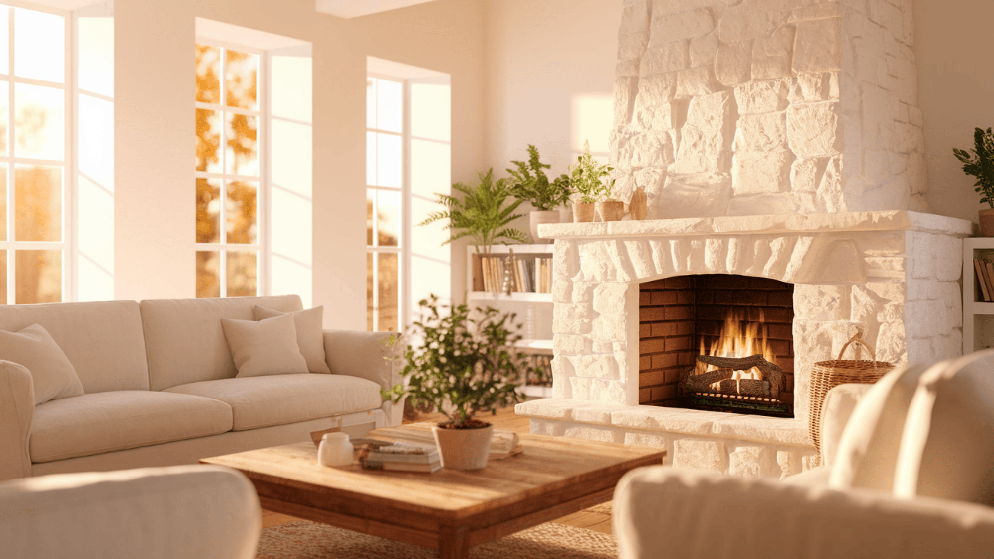 Whitewashed Stone Fireplace