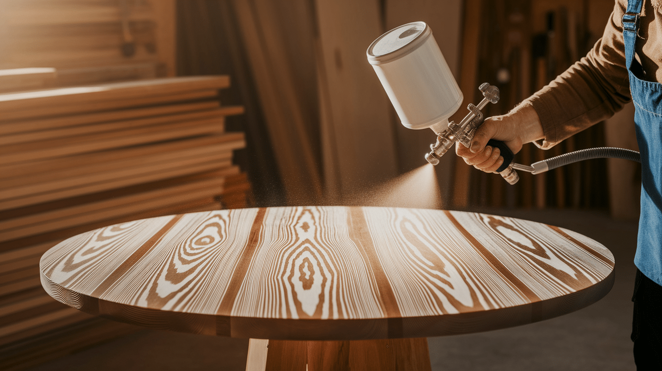 A person Pouring Polyurethane on a wooden Table