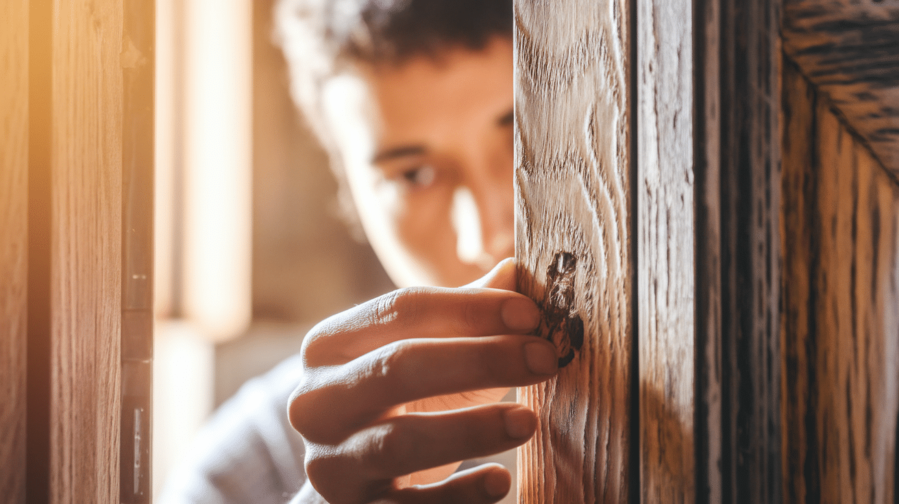 A person examine termites treated wood door area