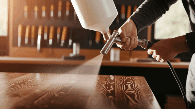 A person spraying Polyurethane on wooden table