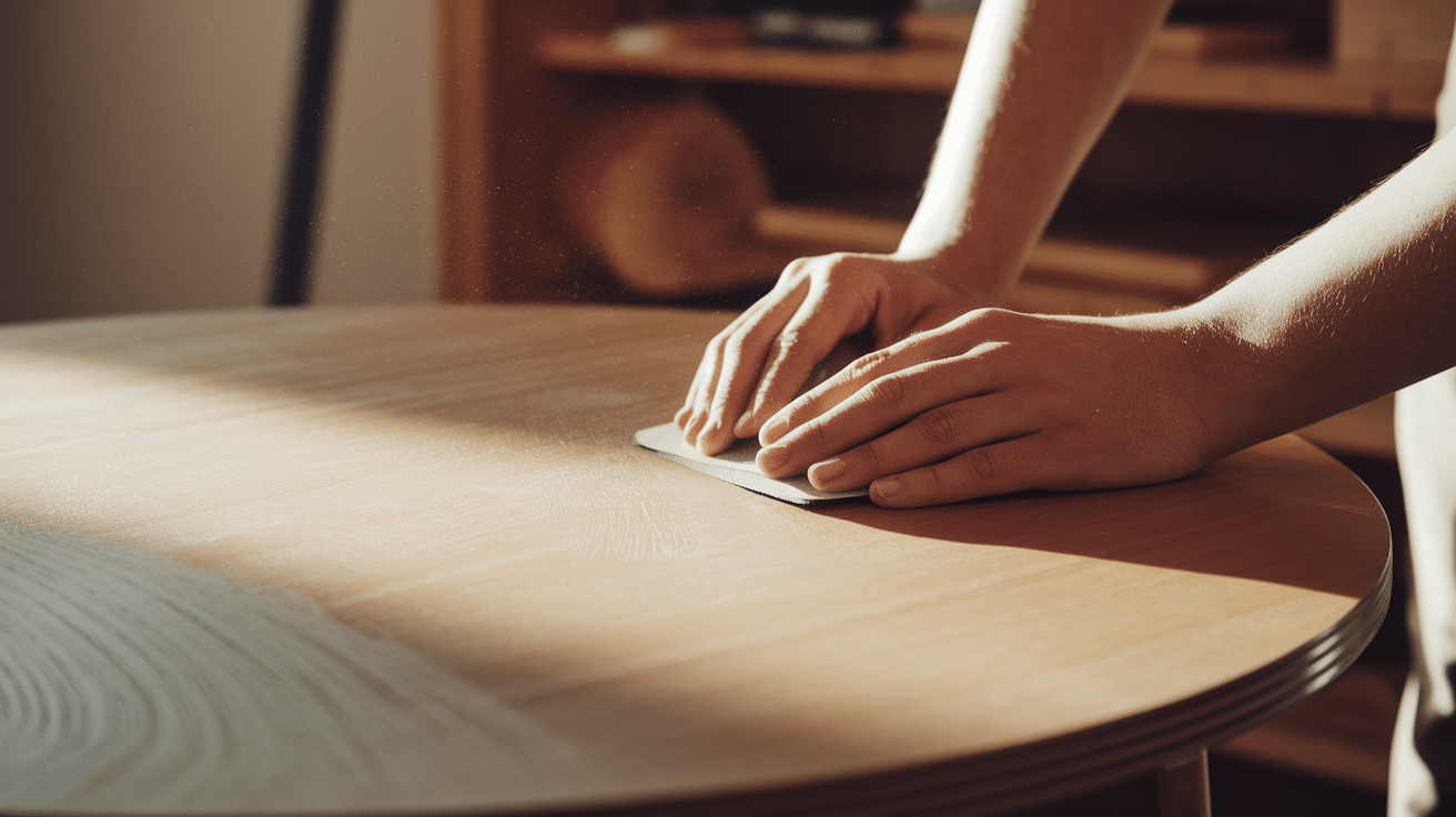 Step 5 a person sanding the wooden table after drying the polyurethane