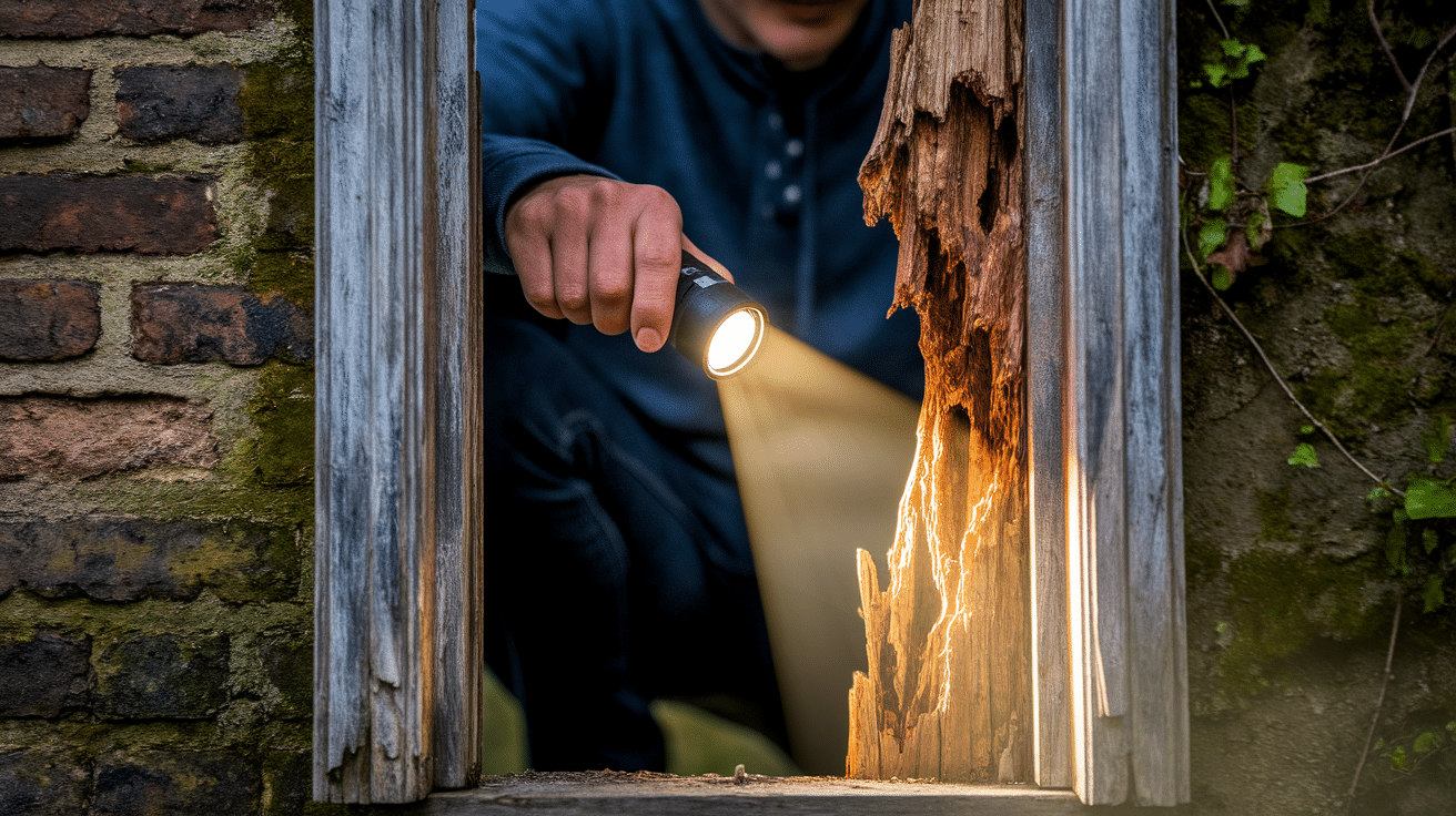 person inspecting the wood door
