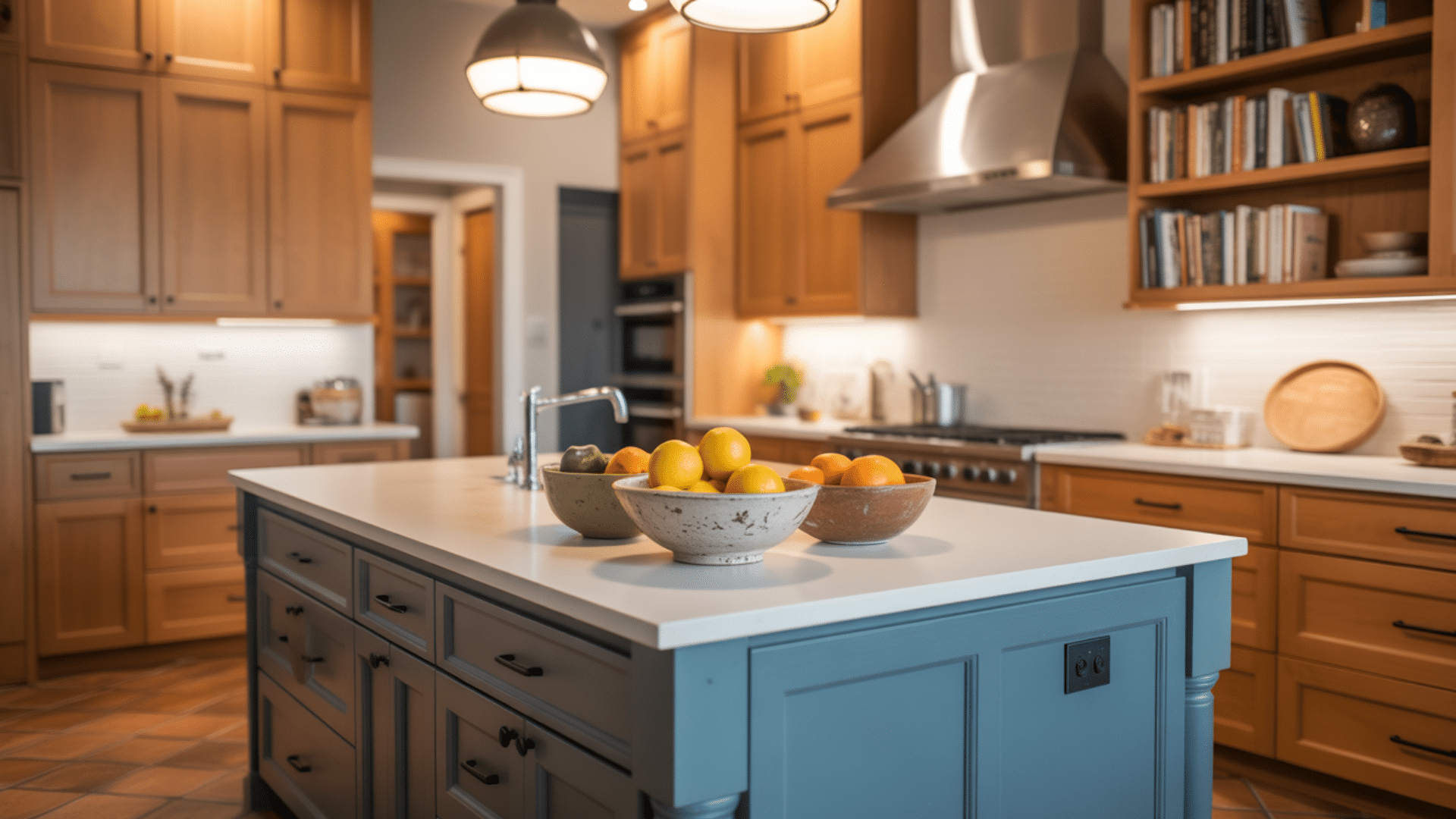 Honey maple with slate blue