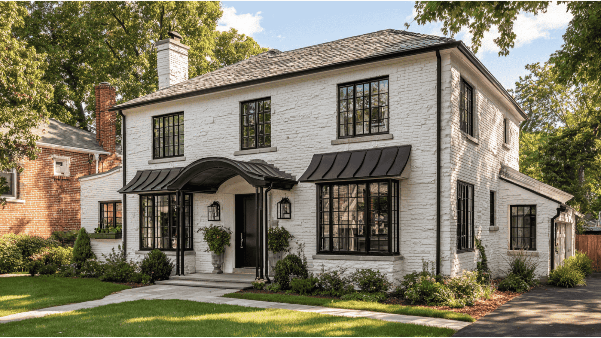 White Brick & Black Awnings