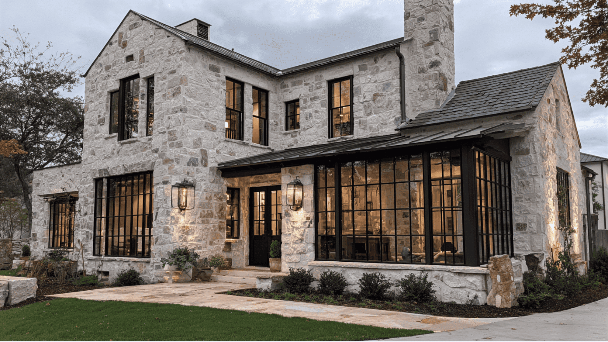 Whitewashed Stone with Black Grilles