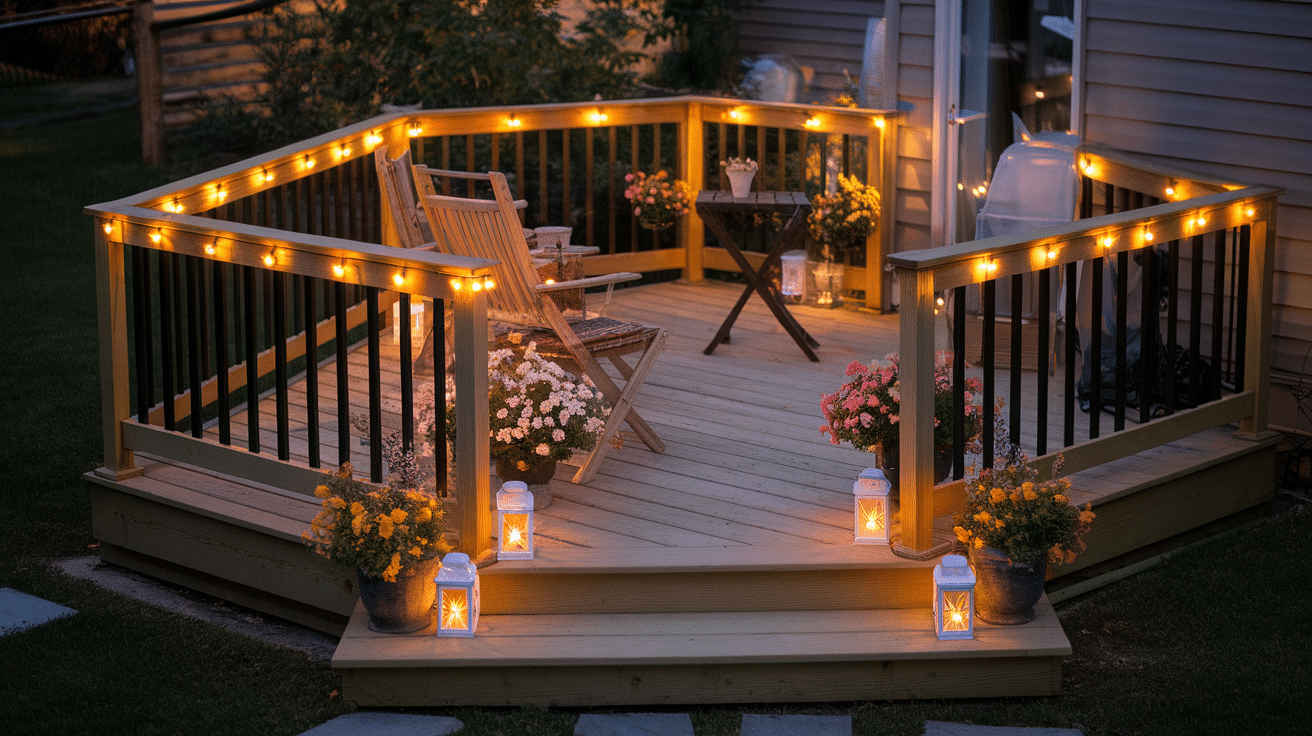 a photo of a cozy small wooden deck