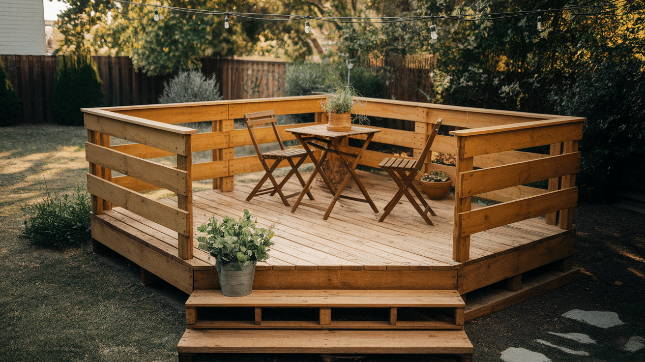 a photo of a small cozy wooden deck made