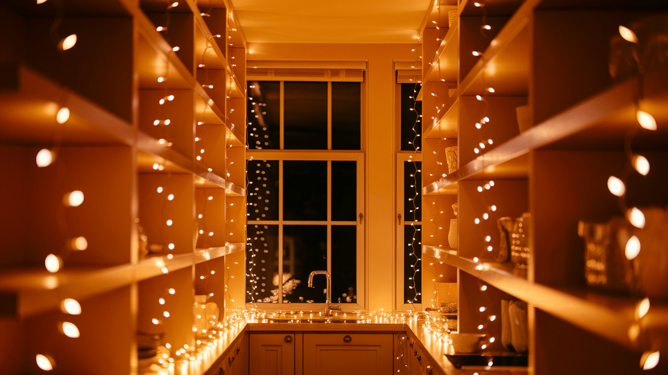 in a warmly lit kitchen string lights