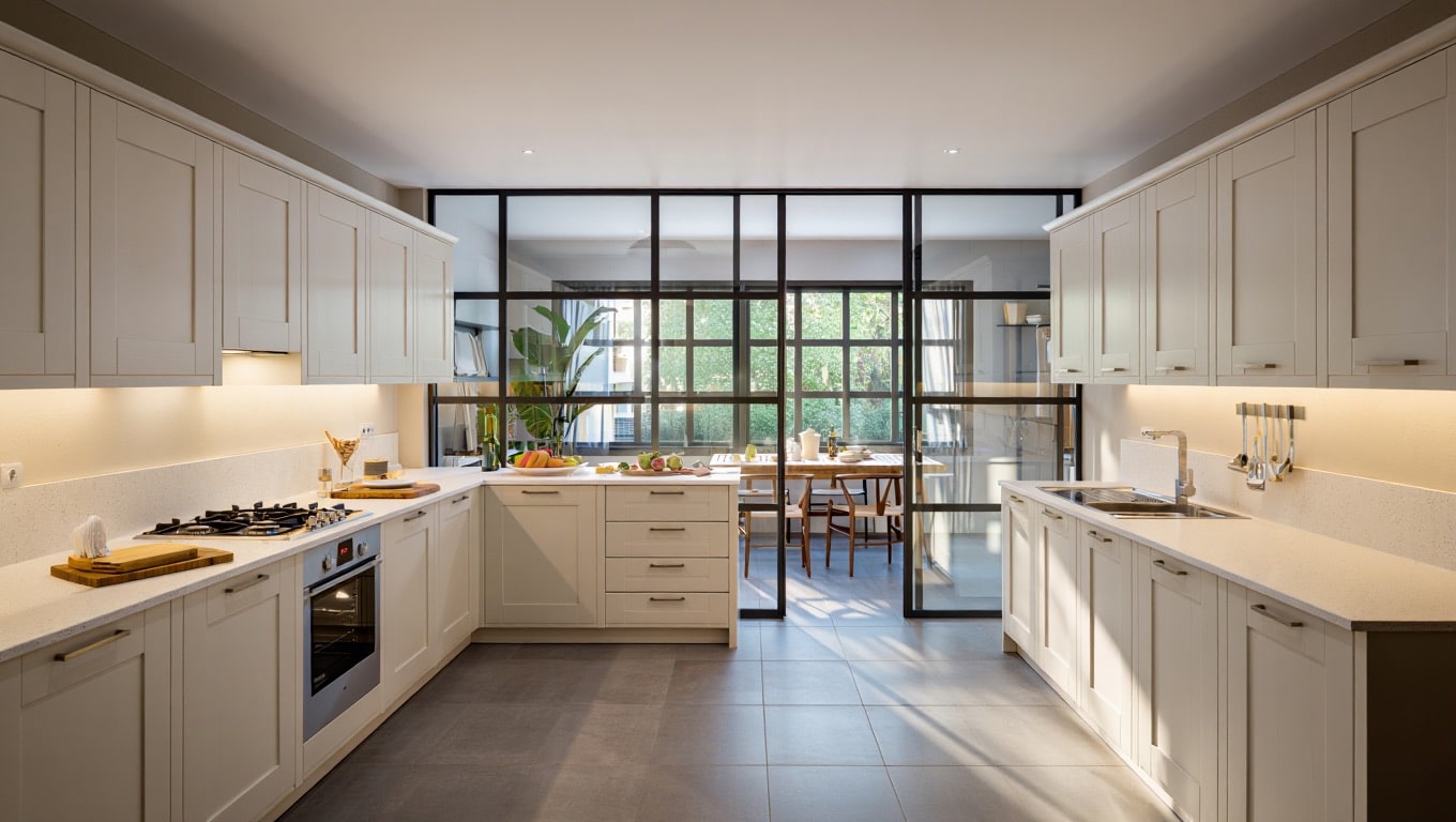 l shaped kitchen glass partition