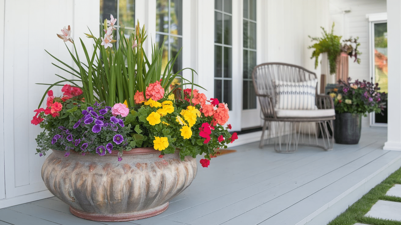 large planters with flowers