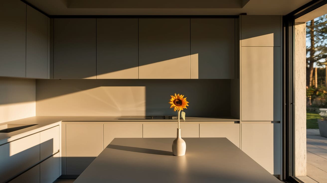 monochrome l shaped kitchen